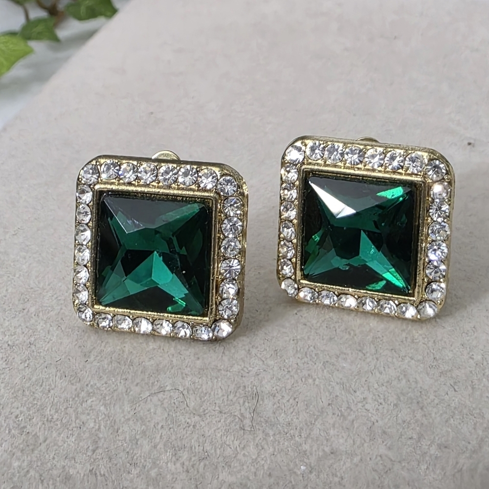 Gold With Emerald Green Clip on Square Earrings